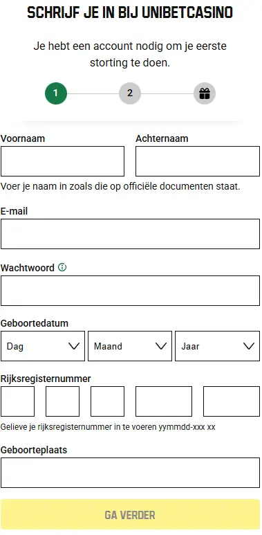 Snel formulier om een spelersaccount aan te maken